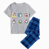 Family Matching Pajamas Exclusive Design Cute Penguins Blue Plaid Pants Pajamas Set