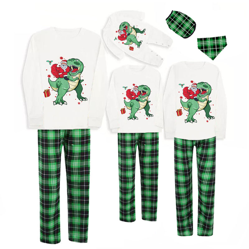Christmas Matching Family Pajamas Santa and Dinosaurs Green Plaids Pajamas Set