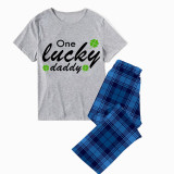 Family Matching Pajamas Exclusive Design One Lucky Blue Plaid Pants Pajamas Set