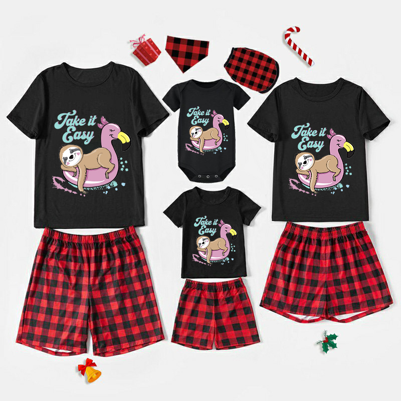 Family Matching Pajamas Exclusive Design Take It Easy Sloth Black And Red Plaid Pants Pajamas Set