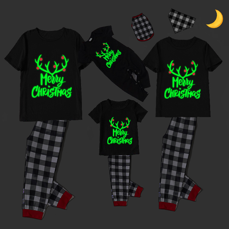 Christmas Matching Family Pajamas Luminous Merry Christmas Antler Black Short Pajamas Set
