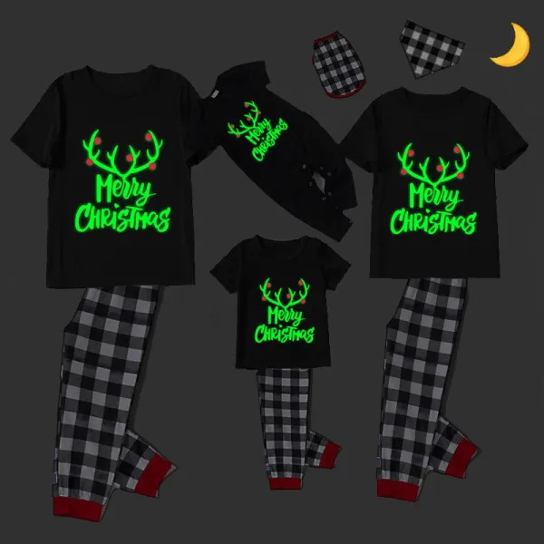 Christmas Matching Family Pajamas Luminous Merry Christmas Antler Black Short Pajamas Set