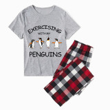 Family Matching Pajamas Exclusive Design Exercising With My Penguins Gray Short Long Pajamas Set