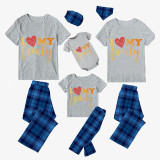 Family Matching Pajamas Exclusive Design I Love My Family Blue Plaid Pants Pajamas Set