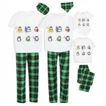 Family Matching Pajamas Exclusive Design Cute Penguins Green Plaid Pants Pajamas Set