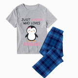Family Matching Pajamas Exclusive Design Just Who Love Penguins Blue Plaid Pants Pajamas Set