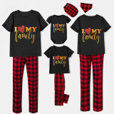 Family Matching Pajamas Exclusive Design I Love My Family Black And Red Plaid Pants Pajamas Set