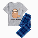 Family Matching Pajamas Exclusive Design Sloth Mode Blue Plaid Pants Pajamas Set