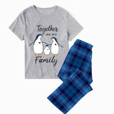 Family Matching Pajamas Exclusive Design Together We Are Family Penguin Blue Plaid Pants Pajamas Set