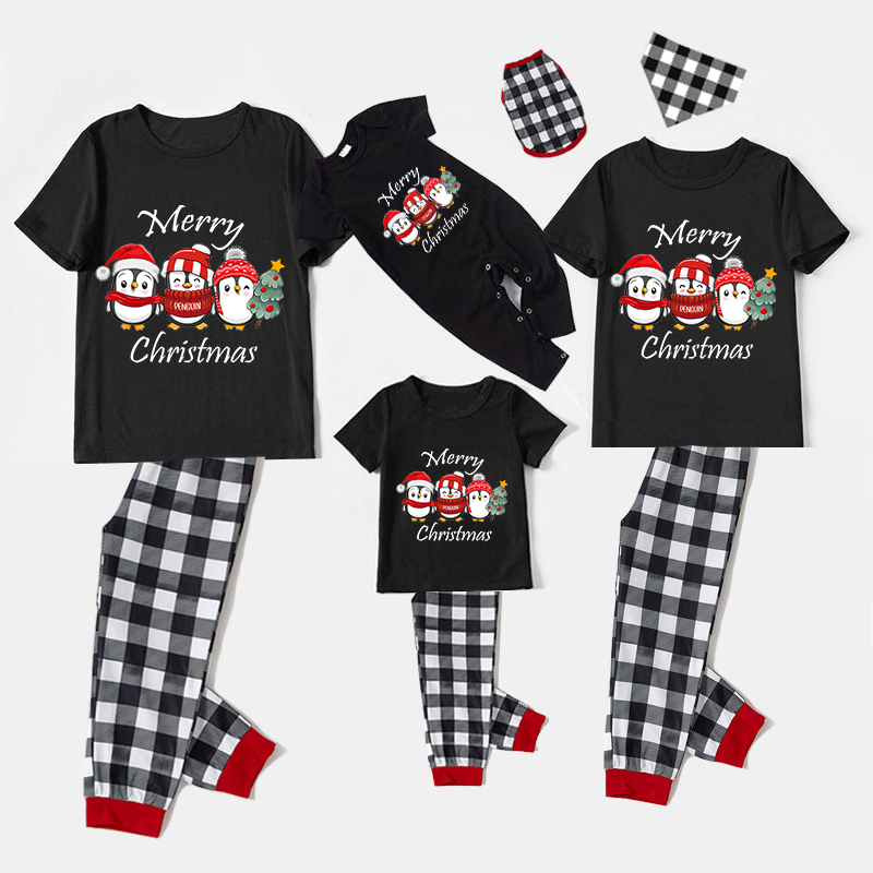 Christmas Matching Family Pajamas Merry Christmas Three Penguin Black Short Pajamas Set