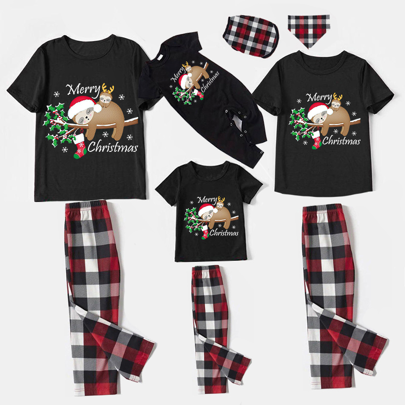 Christmas Matching Family Pajamas Merry Christmas Lying Sloths Black Short Pajamas Set