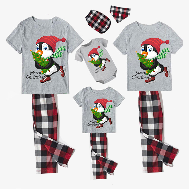 Christmas Matching Family Pajamas Merry Christmas Skating Penguin Gray Short Pajamas Set