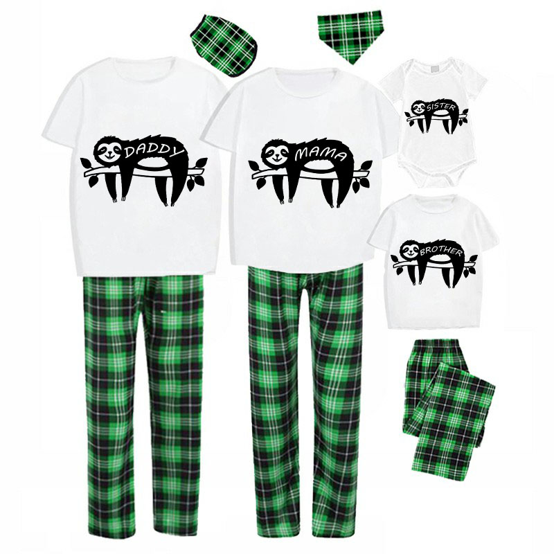 Family Matching Pajamas Exclusive Design Sloth Green Plaid Pants Pajamas Set