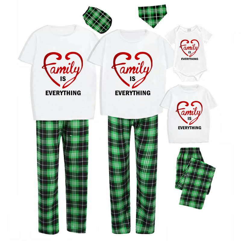 Family Matching Pajamas Exclusive Design Love Heart Green Plaid Pants Pajamas Set
