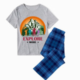 Family Matching Pajamas Exclusive Design Explore More Mountains Blue Plaid Pants Pajamas Set