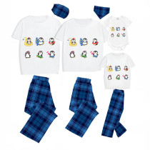 Family Matching Pajamas Exclusive Design Cute Penguins Blue Plaid Pants Pajamas Set