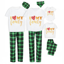 Family Matching Pajamas Exclusive Design I Love My Family Green Plaid Pants Pajamas Set