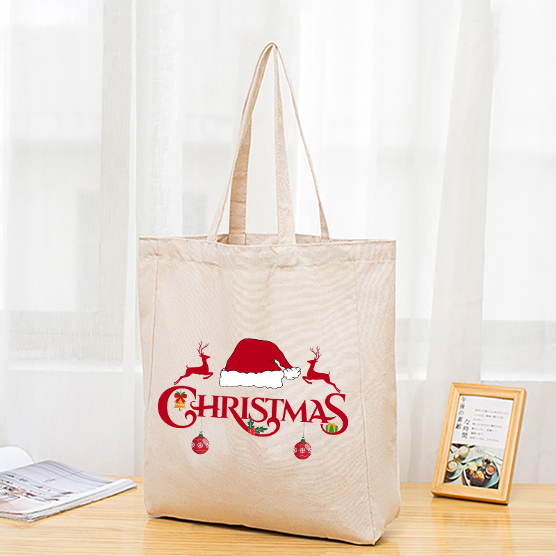 Christmas Eco Friendly Merry Christmas Reindeer Hat Handle Canvas Tote Bag