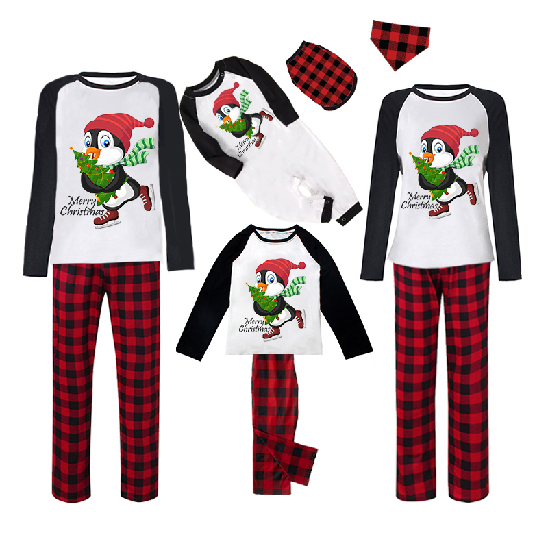 Christmas Matching Family Pajamas Merry Christmas Skating Penguin White Top Pajamas Set