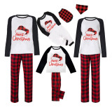 Christmas Matching Family Pajamas Merry Christmas Plaids Hat Whte Top Pajamas Set