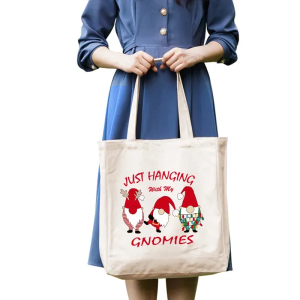 Christmas Eco Friendly Dancing Hanging with My Gnomies Handle Canvas Tote Bag