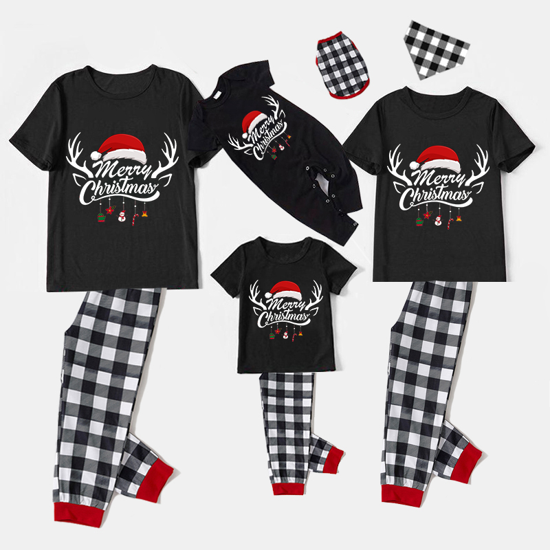 Christmas Matching Family Pajamas Merry Christmas Red Hat Antler Black Short Pajamas Set