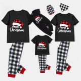 Christmas Matching Family Pajamas Merry Christmas Plaids Hat Black Short Pajamas Set