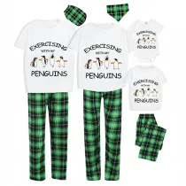 Family Matching Pajamas Exclusive Design Exercising With My Penguins Green Plaid Pants Pajamas Set