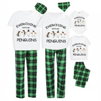 Family Matching Pajamas Exclusive Design Exercising With My Penguins Green Plaid Pants Pajamas Set