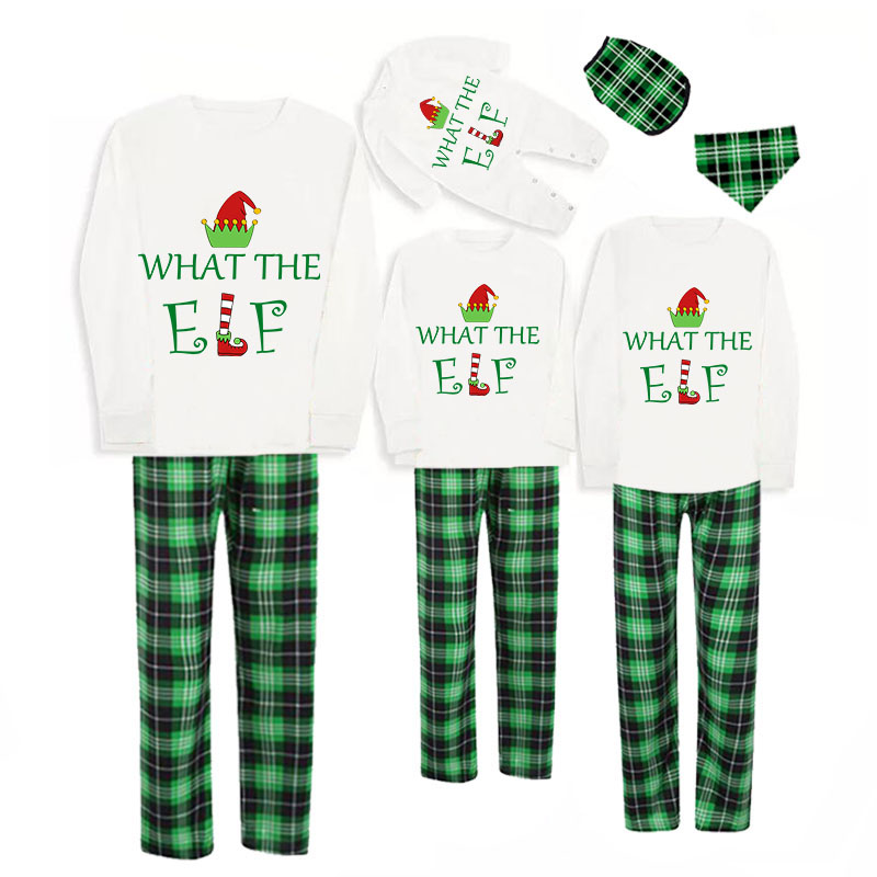 Christmas Matching Family Pajamas What the Elf Hat White Top Green Plaids Pajamas Set