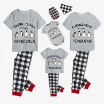 Family Matching Pajamas Exclusive Design Exercising With My Penguins Gray Short Long Pajamas Set