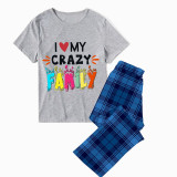 Family Matching Pajamas Exclusive Design I Love My Crazy Family Blue Plaid Pants Pajamas Set