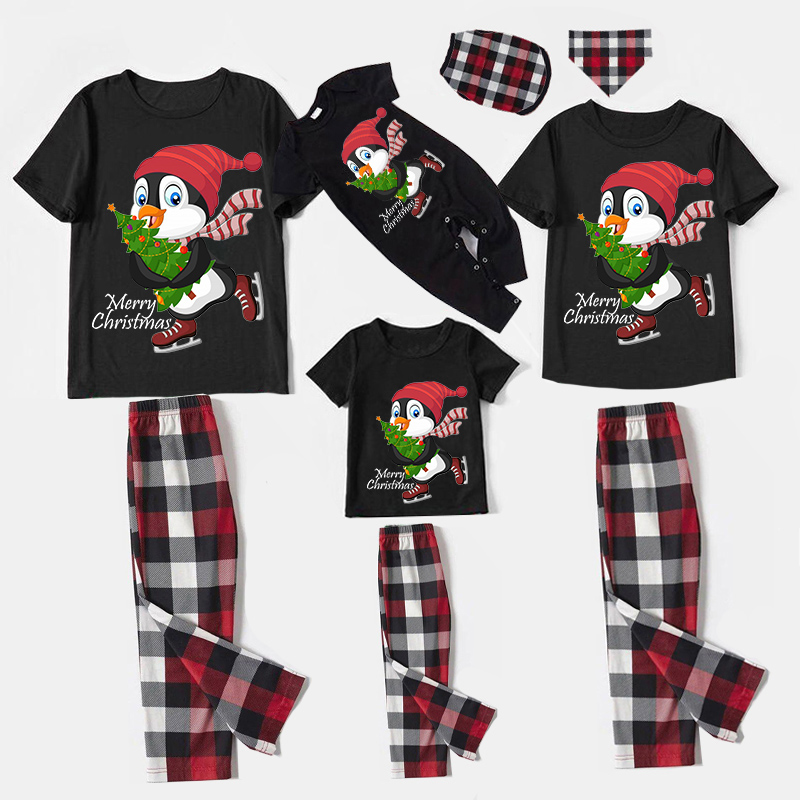 Christmas Matching Family Pajamas Merry Christmas Skating Penguin Black Short Pajamas Set