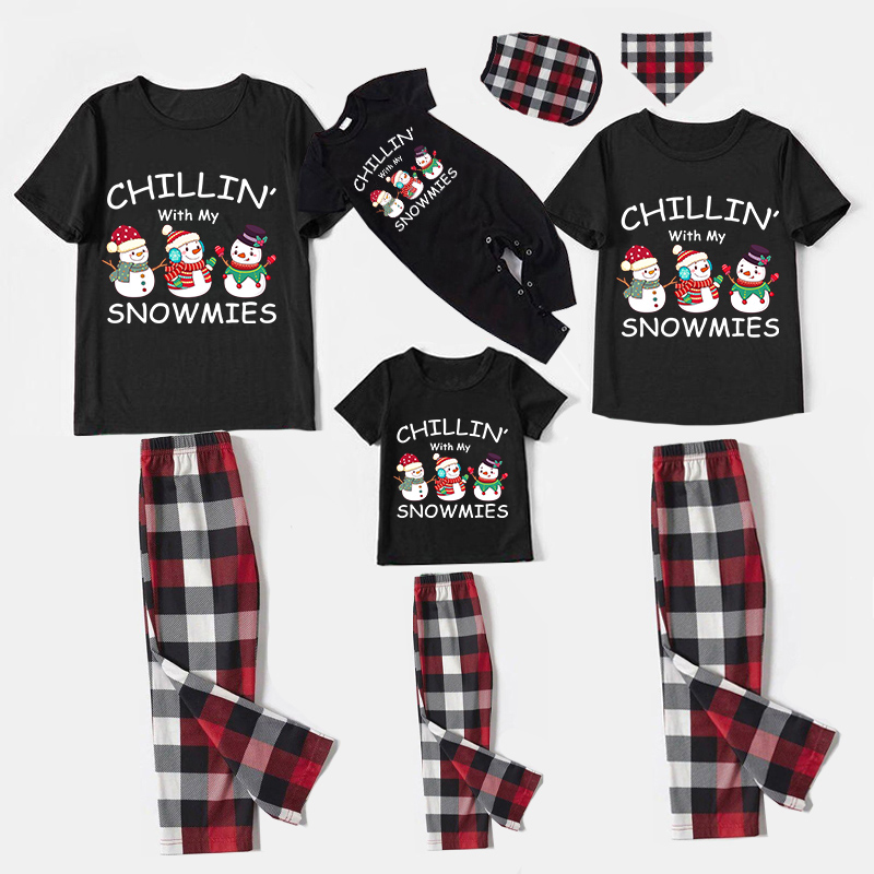 Christmas Matching Family Pajamas Chillin with My Snowmies Black Short Pajamas Set
