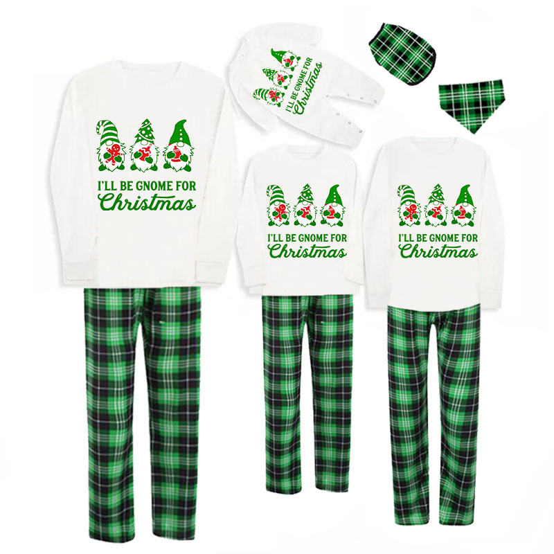 Christmas Matching Family Pajamas I'll Be Gnome For Christmas White Long Sleeve Green Plaids Pajamas Set