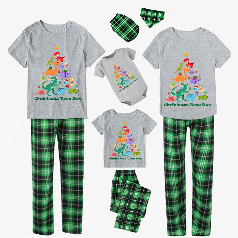 Christmas Matching Family Pajamas Christmas Tree Rex Short Green Plaids Pajamas Set