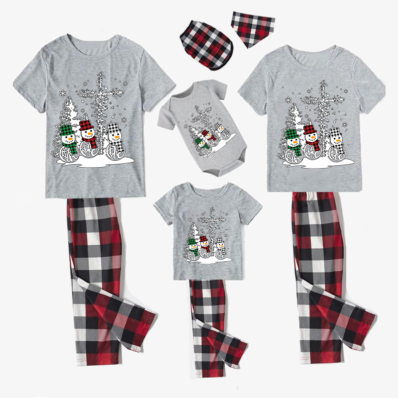 Christmas Matching Family Pajamas Crosses Snowmies Gray Short Pajamas Set