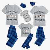 Family Matching Pajamas Exclusive Design Exercising With My Penguins Blue Plaid Pants Pajamas Set