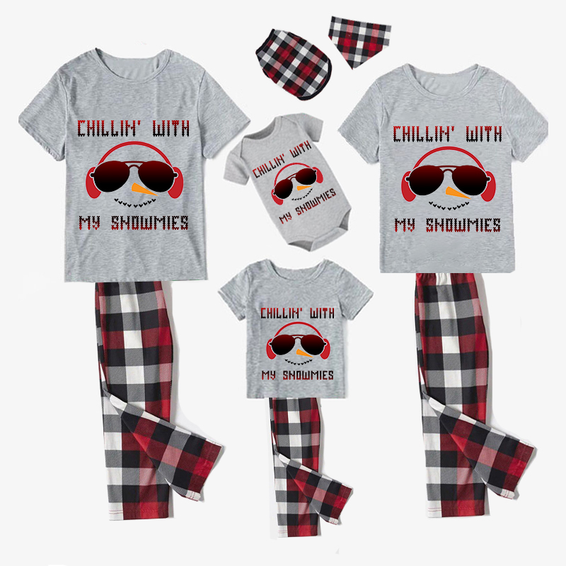 Christmas Matching Family Pajamas Chillin with Earmuffs Snowmies Gray Short Pajamas Set