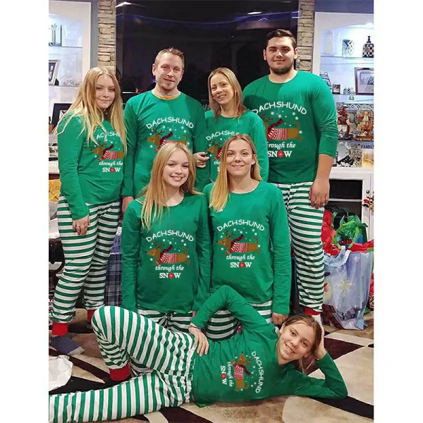 Christmas Matching Family Pajamas Dachshund Through The Snow Green Stripes Reindeer Pajamas Set