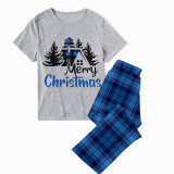 Christmas Matching Family Pajamas Merry Christmas House Short Blue Plaids Pajamas Set