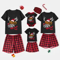 Christmas Matching Family Pajamas Merry Christmas Hat Antlers Black Plaid Pajamas Set