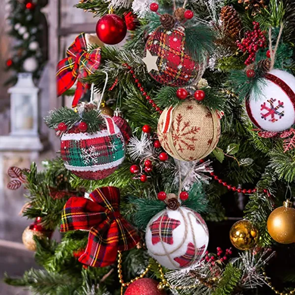 Merry Christmas 6 Pieces 6cm Plaid Christmas Tree Ornaments Hanging Balls Decoration