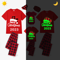 2023 Christmas Matching Family Pajamas Luminous Glowing Christmas Hat Red Pajamas Set