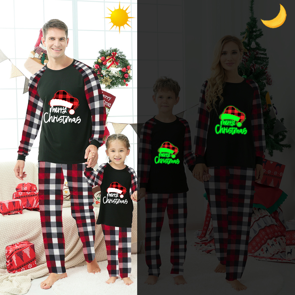 Christmas Matching Family Pajamas Luminous Glowing Christmas Hat Red Plaids Pajamas Set