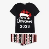 2024 Christmas Matching Family Pajamas Luminous Glowing Christmas Hat Black Short Pajamas Set