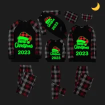2023 Christmas Matching Family Pajamas Luminous Glowing Christmas Hat Red Plaids Pajamas Set