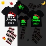 2024 Christmas Matching Family Pajamas Luminous Glowing Christmas Hat Black Short Pajamas Set