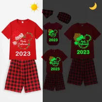 2023 Christmas Matching Family Pajamas Luminous Glowing Cartoon Mouse Hat Red Short Pajamas Set