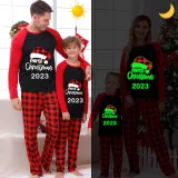 2023 Christmas Matching Family Pajamas Luminous Glowing Christmas Hat Red Plaids Pajamas Set
